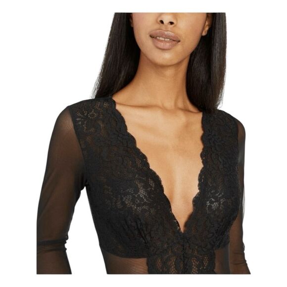 INC International Concepts Long-Sleeve Lace Mesh Bodysuit Deep Black M - Picture 4 of 9